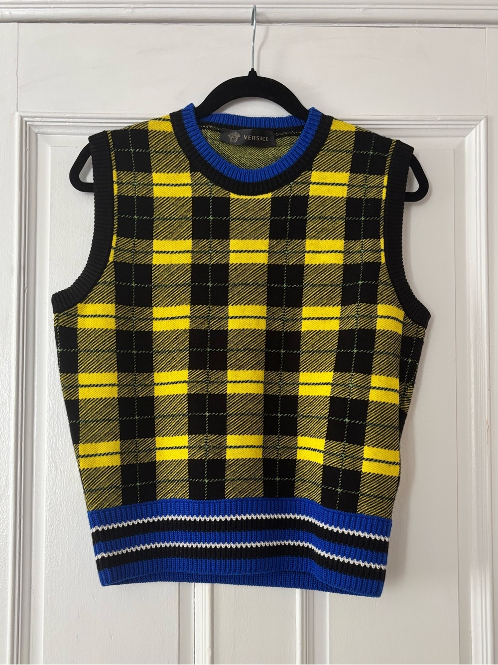 Versace Yellow and Black Plaid Knit Vest with Bright Blue Trim